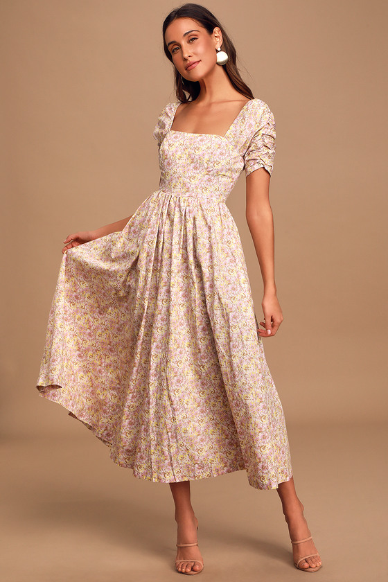 Floral Print Midi Dress - Puff Sleeve ...